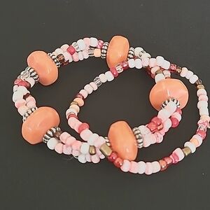 Vintage White & Peach Stone & Beads Double Bracelet Set